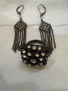 Gunmetal Crystal Fringe Earrings & Ring Set - Women Jewelry
